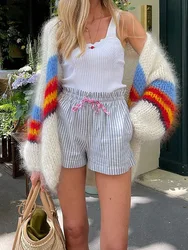 Chic Colorful Striped Print Mohair Cardigan For Women Elegant Loose Long Lantern Sleeve Sweater 2024 Autumn Lady Casual Knitwear