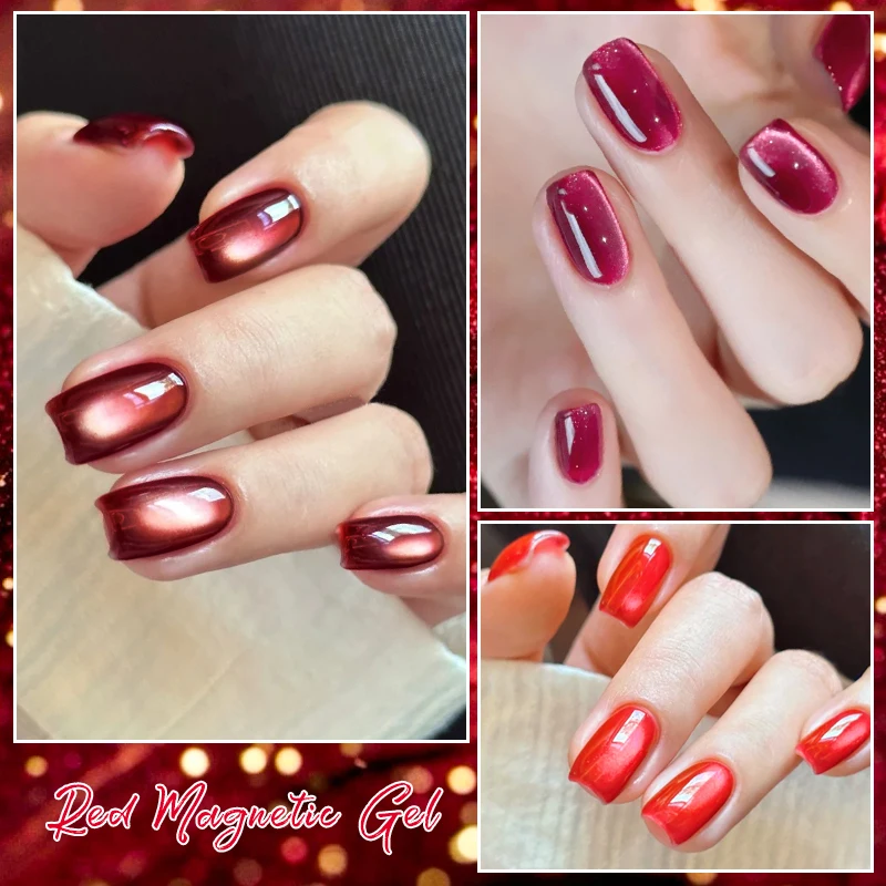 الأحمر القط المغناطيسي هلام طلاء الأظافر لأظافر عيد الميلاد الأحمر بريق الزجاج حبة تأثير شبه دائم نقع قبالة الأشعة فوق البنفسجية هلام الورنيش الأظافر #5