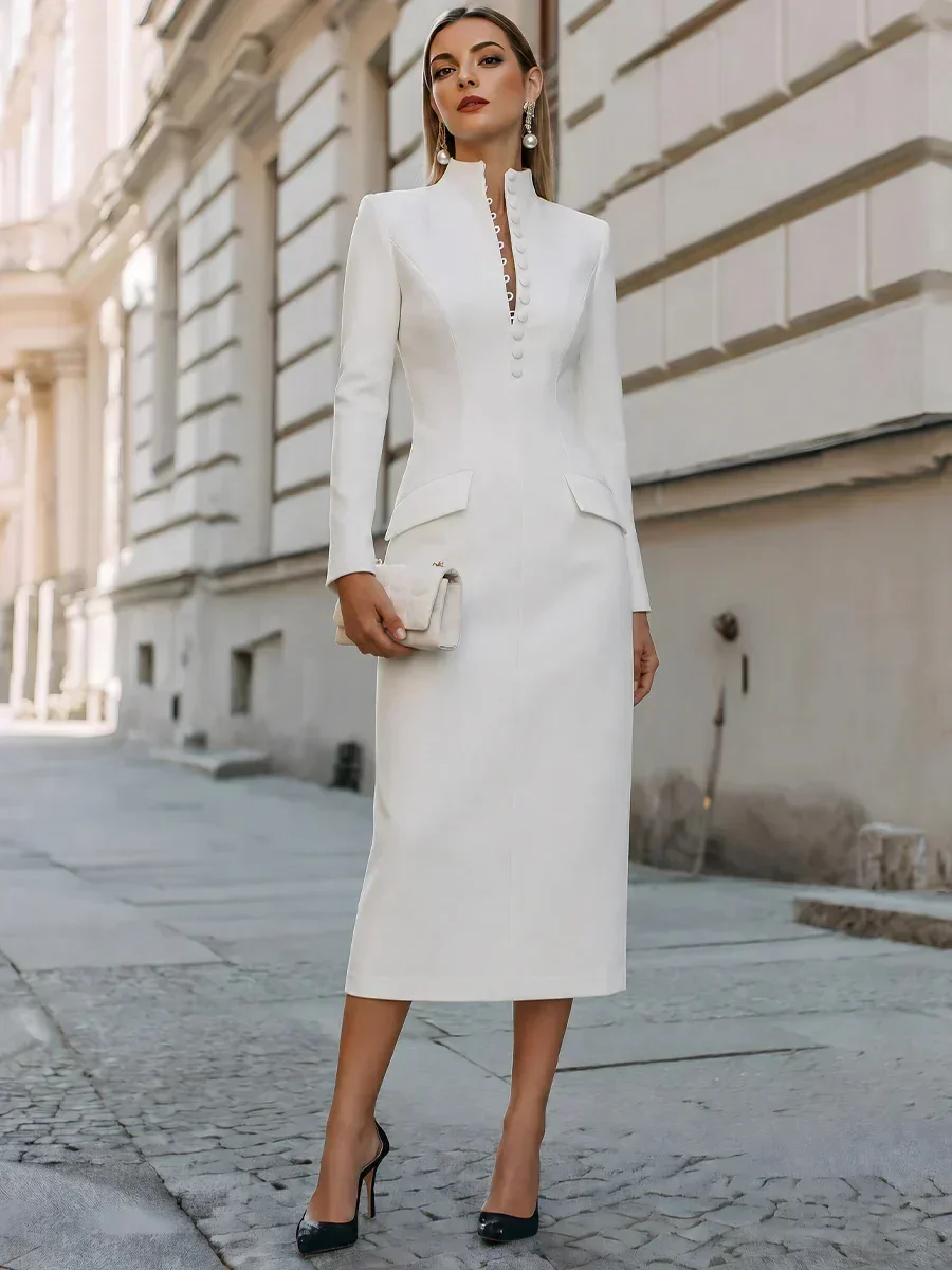 2026 New Elegant Ladies Stand Neck Pencil Dress Long Sleeve Solid Color Button Detail Midi Work Dress