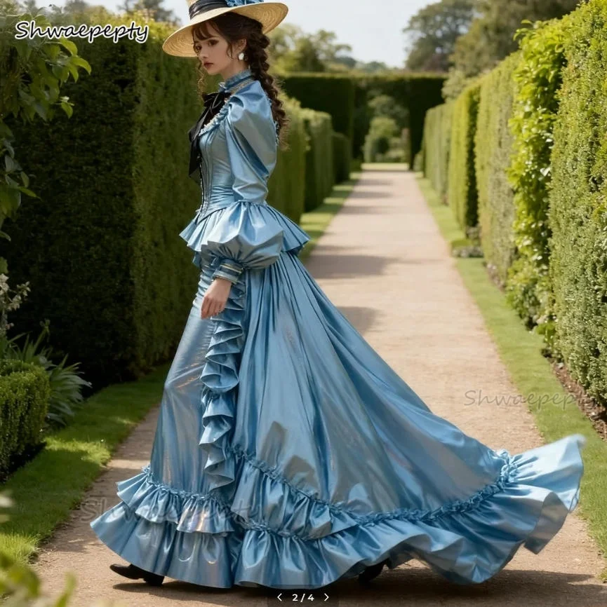 فستان حفلة موسيقية فيكتوري عتيق أزرق سماوي فاتح لامع ثوب مسائي مكشكش وأكمام طويلة مخصص زي تنكري للنساء #3