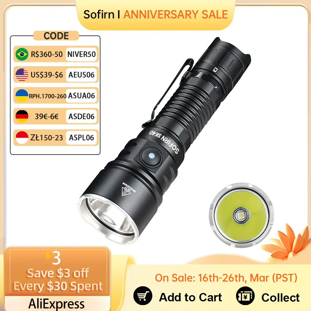 Sofirn SK40 21700 Rechargeable Flashlight  SFT70 LED 3200lm Powerful Tactical Torch 580M Long-Range With Spotlight