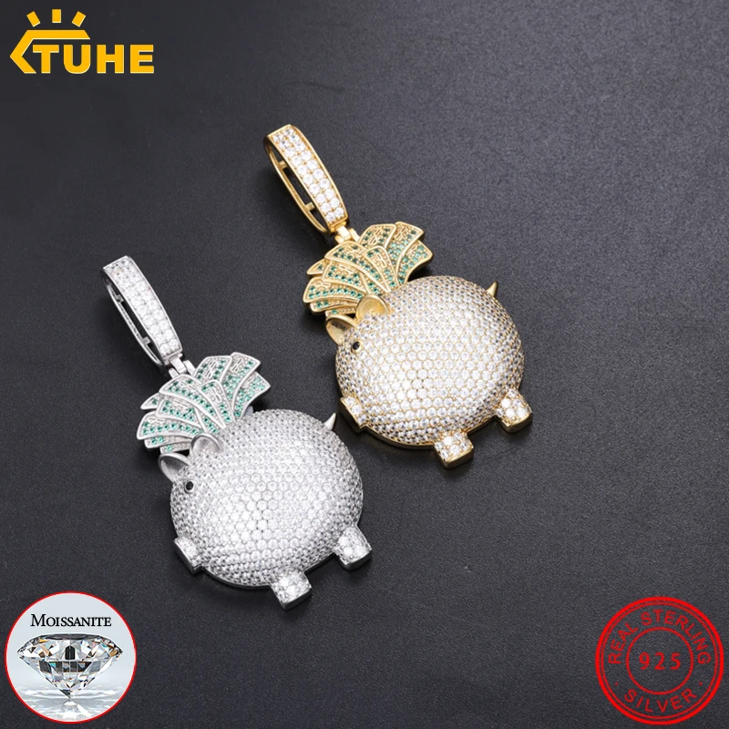 Original Personalized Iced Out Moissanite Diamond Dollar Money Bag Pig Pendant Necklace For Men Women Silver 925 HipHop Jewelry