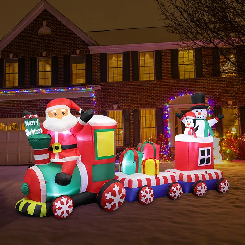 

High Quality Christmas Inflatable Led Light-Up Santa Claus Train With Gift Box Christmas Inflatable Santa with Blower