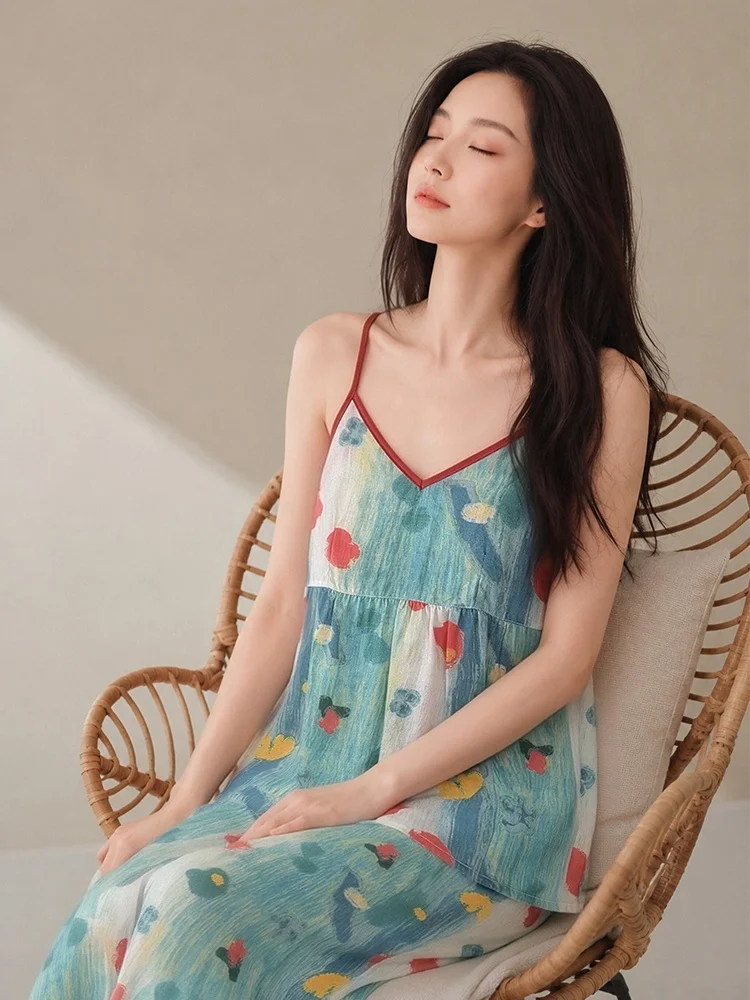 Women's Summer Sleepwear Tank Top Long Pants Home Clothes Cool Feeling with Chest Pad Lenzing Fiber Loose Fit Home Clothes