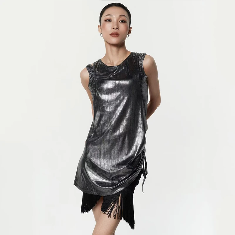 

Silver Latin Dance Dress Women Summer Sleeveless Drawstring Dress Adult Performance Clothes Rumba Samba Cah Cha Dress DNV24014