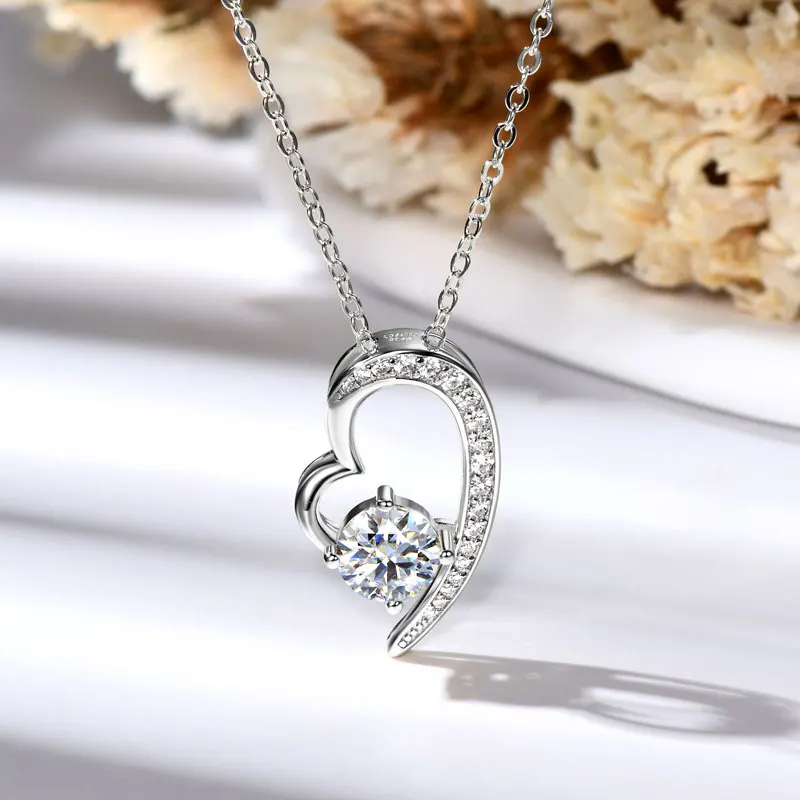 Anziw Real 925 Silver Heart Pendant Necklace Moissanite 1CT 6.5mm S925 Chain for Women Lover Girl Christmas Valentine's Day Gift