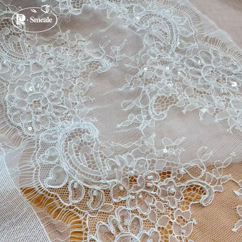 3 Meter/Stück. Hochwertiger weißer Perlenstickerei-Spitzenkopfschleier, Hochzeitskleid, Dekorationszubehör, handgemachte DIY-Nähzubehörteile. – Detail 4