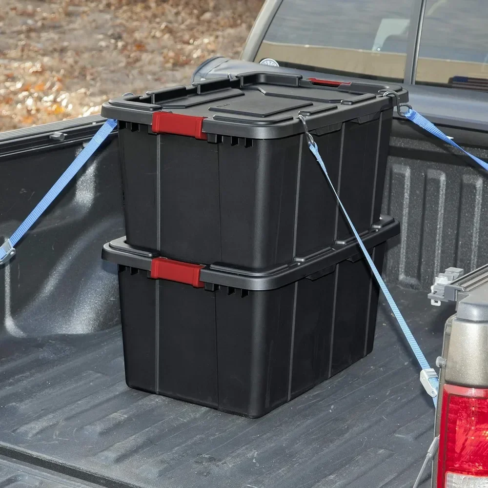 

Stackable Storage Bin With Latching Lid 27 Gal Industrial Tote Organizer Box Black Base and Lid 4-Pack Freight Free