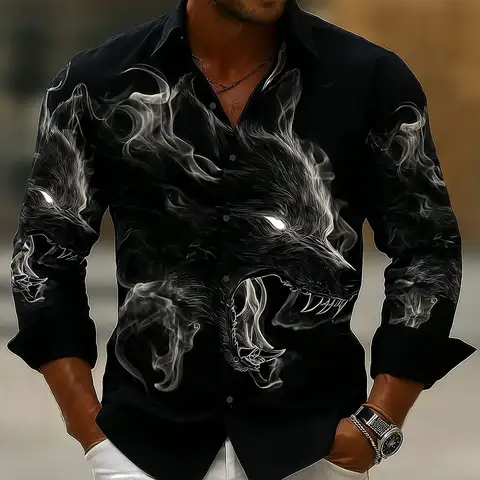 Men's Cool Smoky Animal Wolf Shirt Fashion 3D Printed Shirt Button Up Shirt Casual Long Sleeve Shirt Street Blouse for Mens