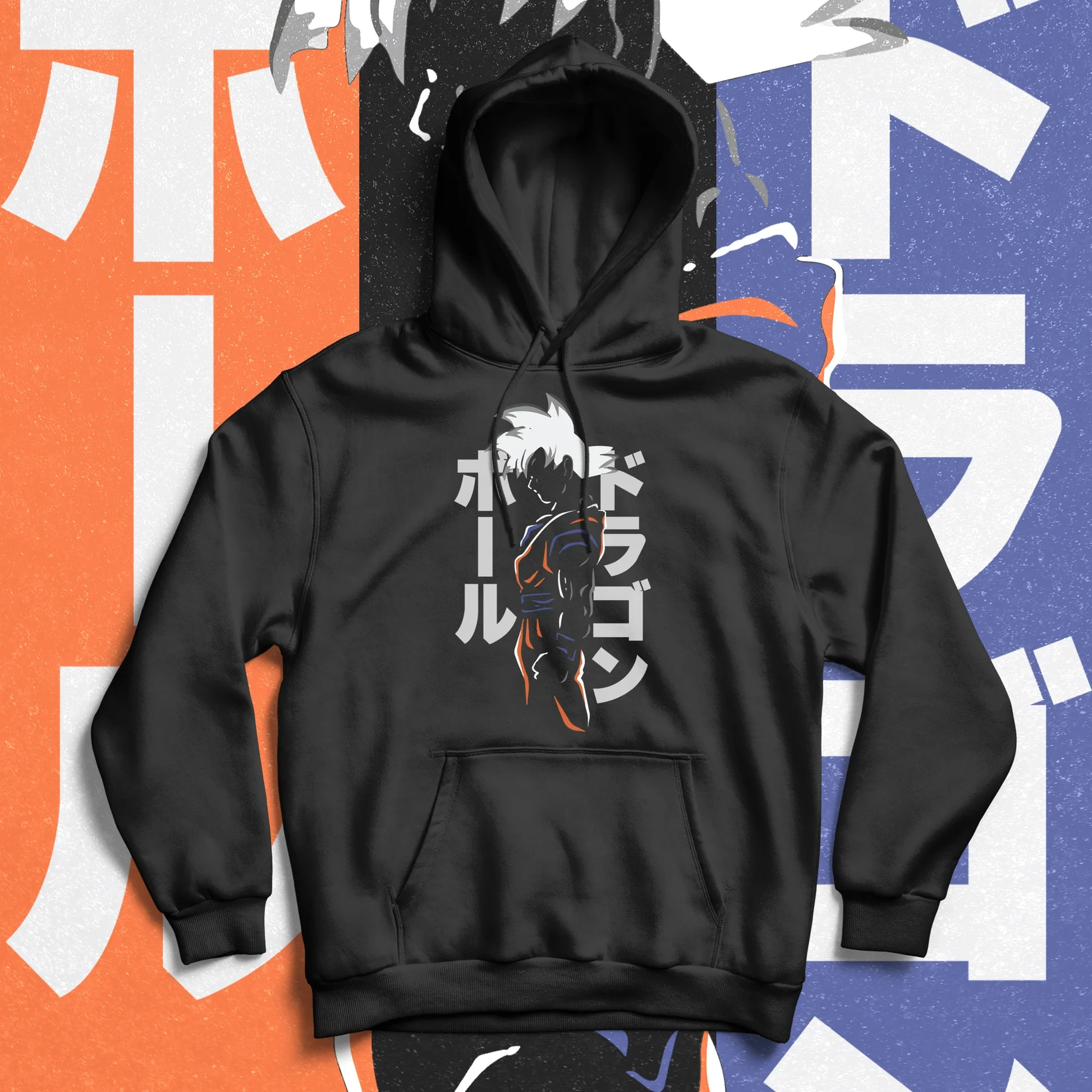 

Dragon Ball Z Hoodie Black Cotton Son Goku Character Print Anime Cosplay Pullover with White Hair Super Saiyan Pose Design
