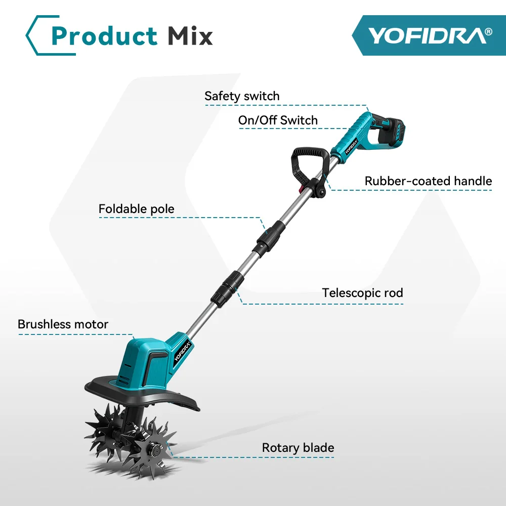 YOFIDRA Elektrische Gartenfräse, Kultivator, Vertikutierer, faltbare Bodenfräse, Bodenlockerer, Gartenwerkzeug für Makita 21V Akku – Detail 16
