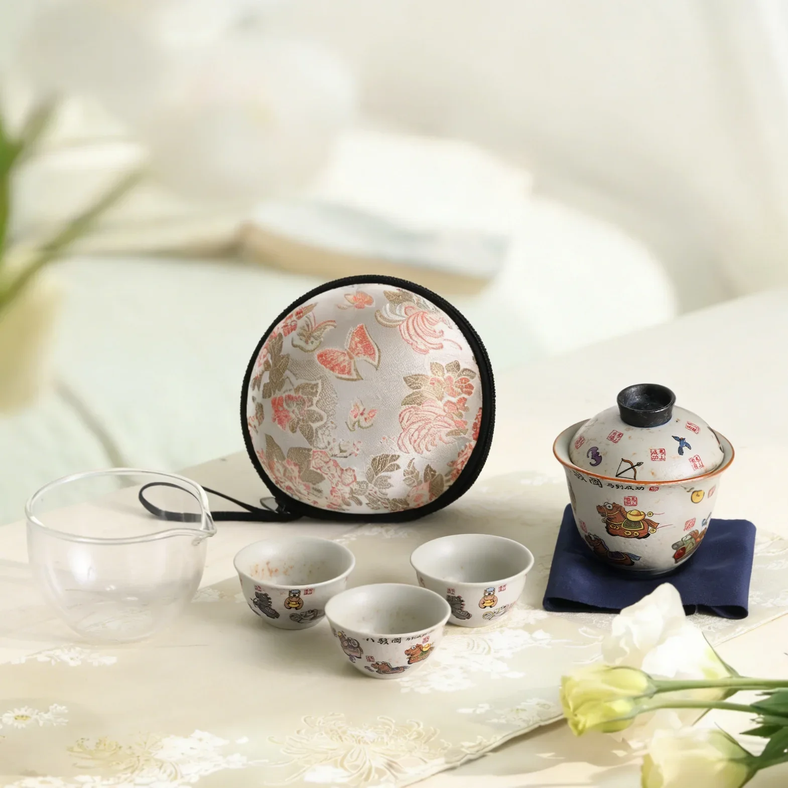 Retro Caramel Portable Quick Cup One Pot Three Cups Special Covered Bowl Teacup Camping Travel Tea Set for the Year of the Horse