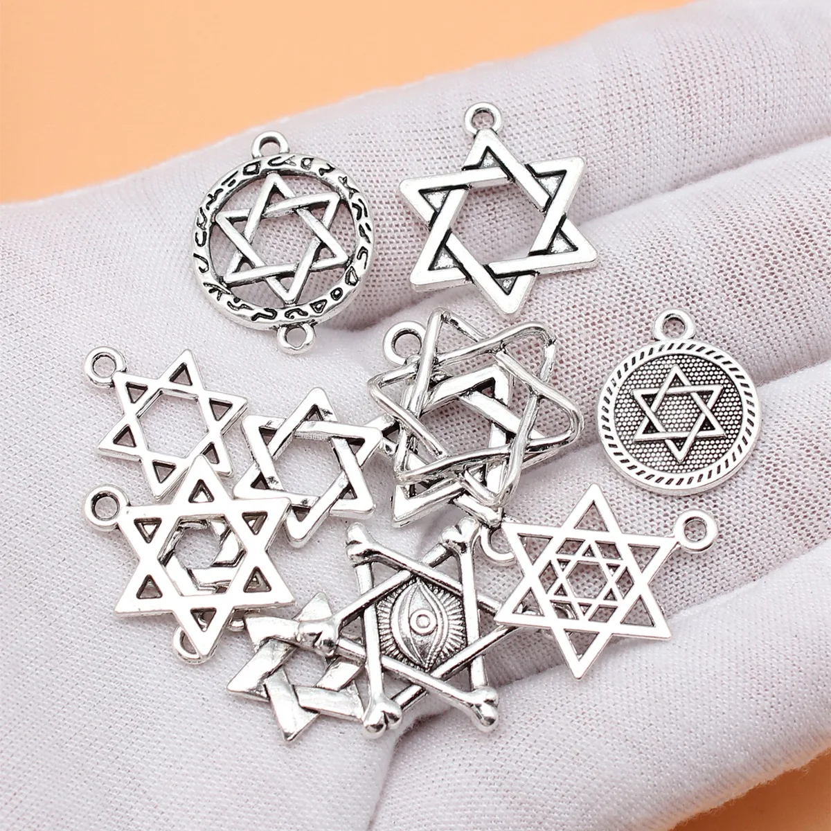 12pcs Antique Silver Color Star Of David Charms Collection For DIY Jewelry Making, 12 Styles, 1 of Each