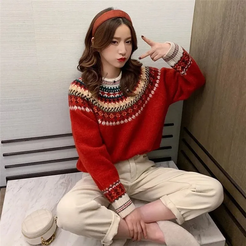 Autumn Winter New Sweater Women\'s Stitching Jacquard Round Neck Pullover Top Loose Fashion Commuter Knitted Female Clothing M356