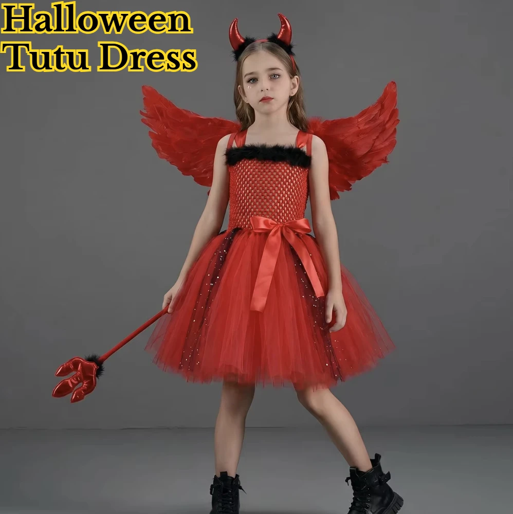 Halloween Kids Cute Devil Sparkly Dress With Wing Headband Wand Outfit Holiday Party Dress Up Stage Performance Gothic Style Set