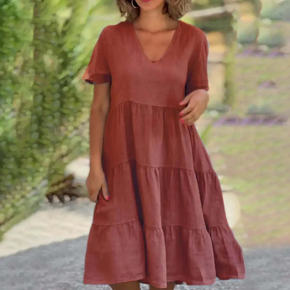 Wide Hem Dress Flattering V-neck A-line Swing Dress Stylish Patchwork Hem Short Sleeves Loose Fit for Dating Commute Loose Fit