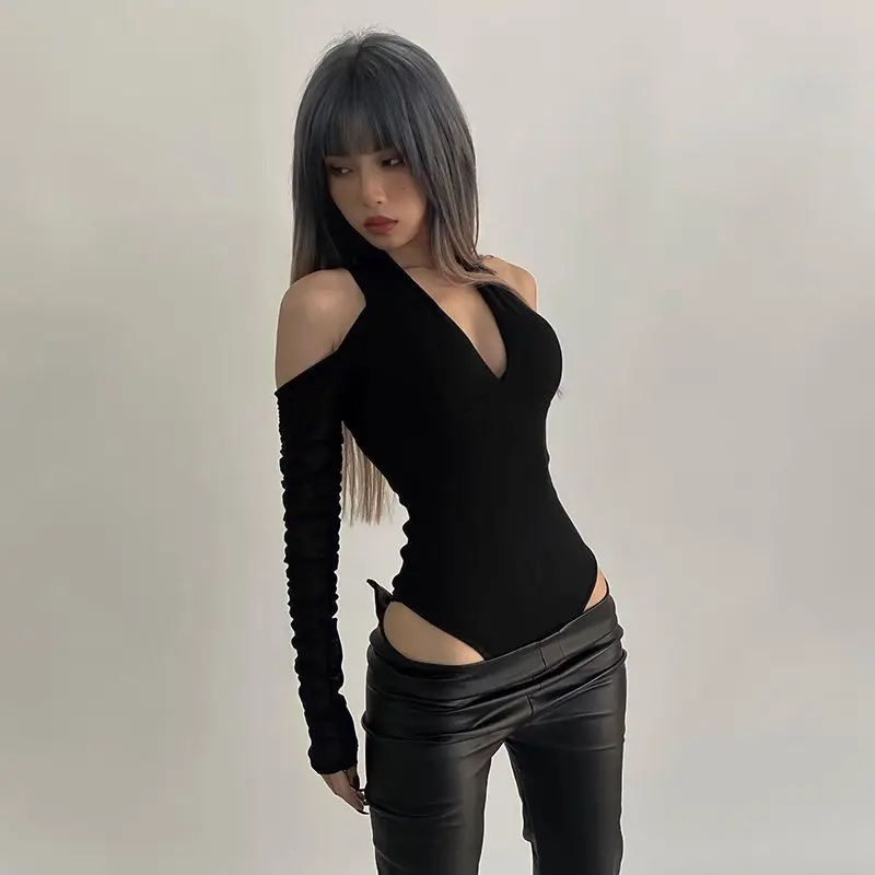 Women's Sexy Hollow Bodysuit Long Sleeved Off-Shoulder Tops Solid Color Fashion Hanging Neck Collar Jumpsuit Bottoming Clothes