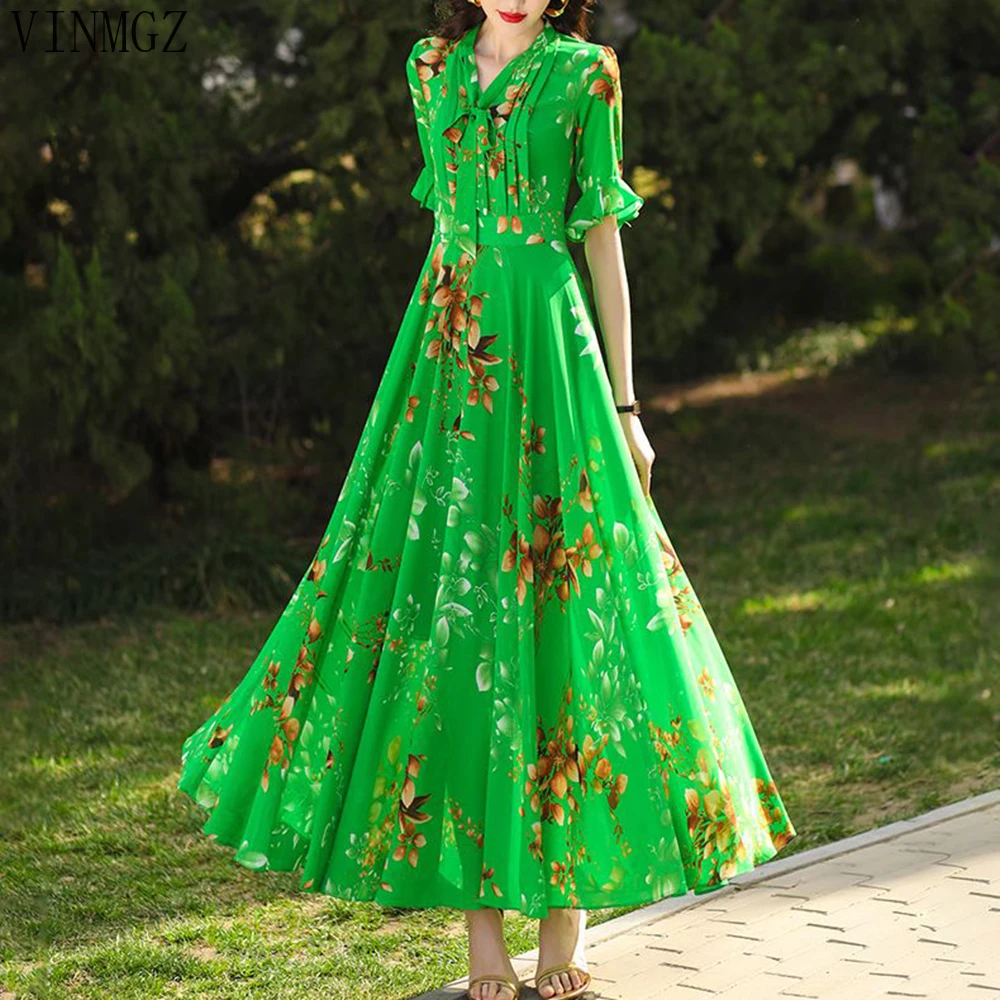 

Green print dress women's summer new chiffon big swing skirt to foot naked long beach skirt vacation dress