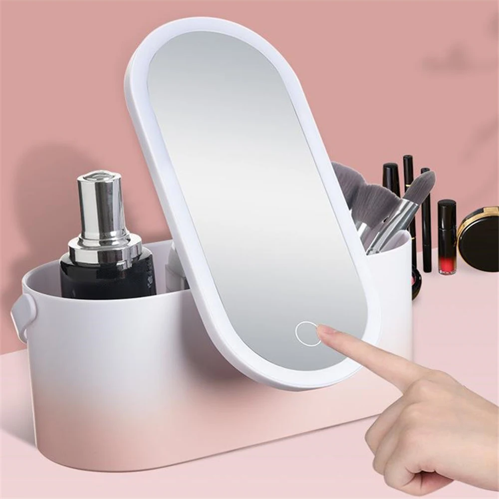 Portable USB Makeup Mirror Organizer Box With LED Light Travel Makeup Cosmetics Organizer Touch Light Storage Makeup Case