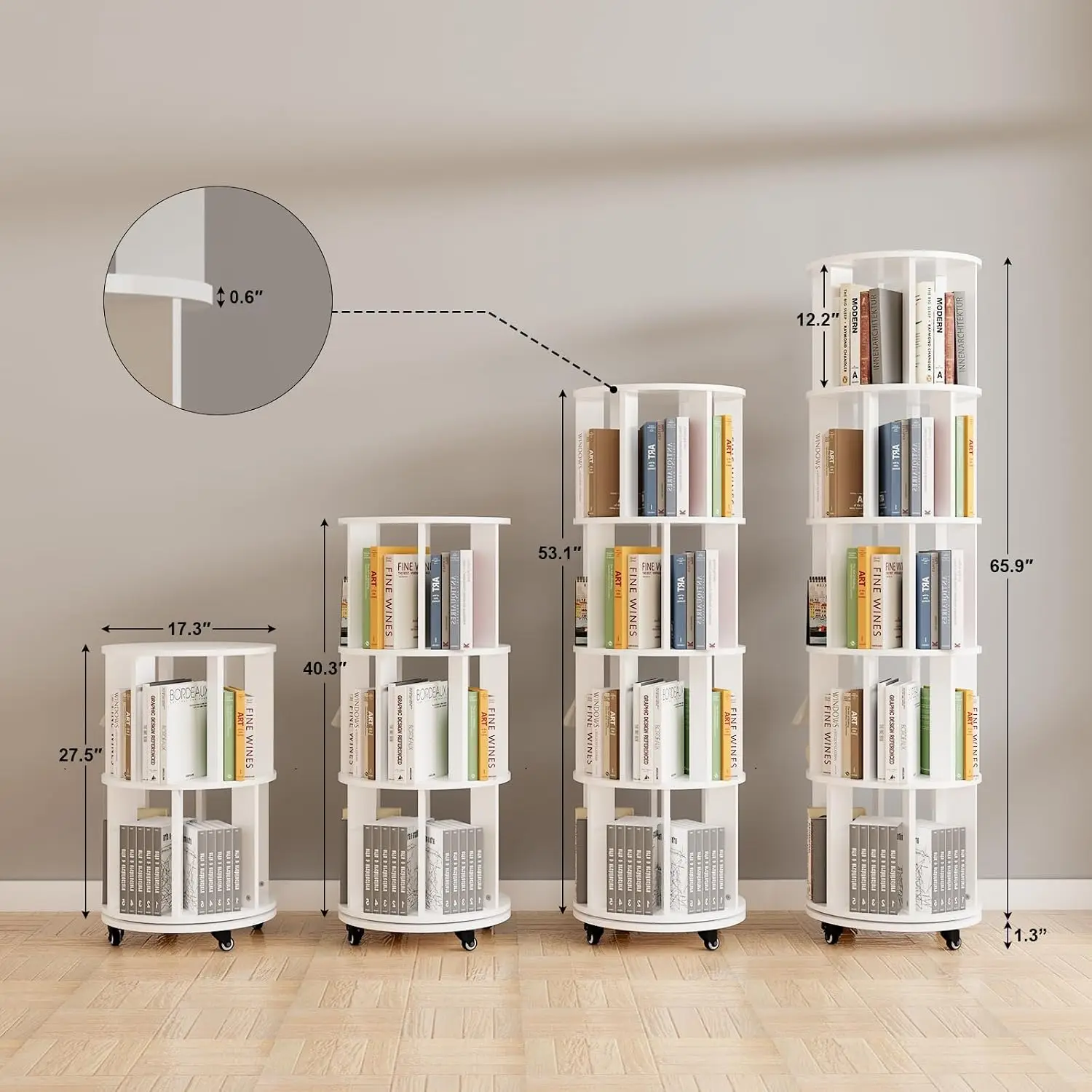 4 Tier Rotating Bookshelf Tower with Wheels 360 Revolving Round Storage Corner Organizer Bedroom Small Space, Customized