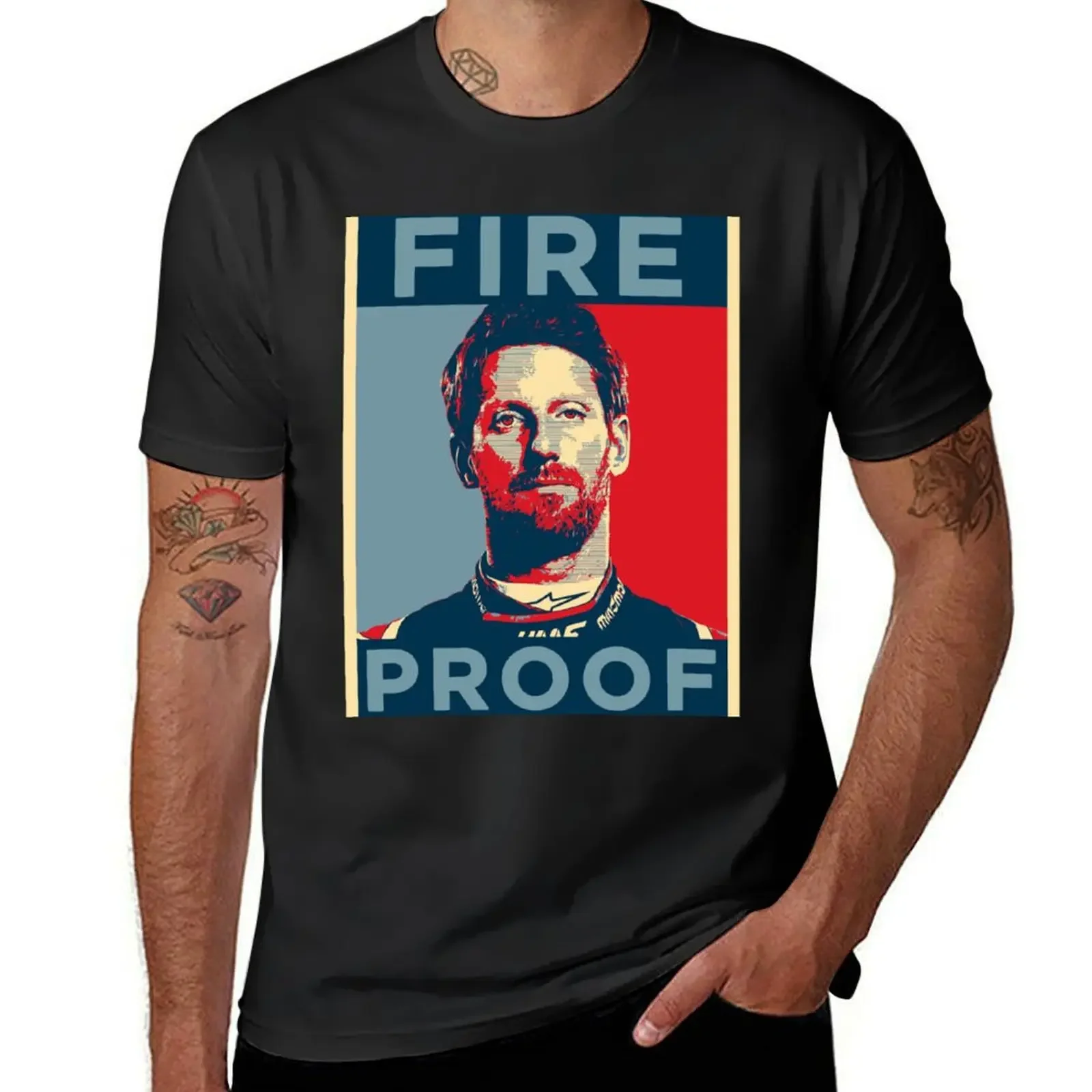 Romain Grosjean Fire proof T-Shirt summer tops valentines clothes blue lock big and tall t shirts for men