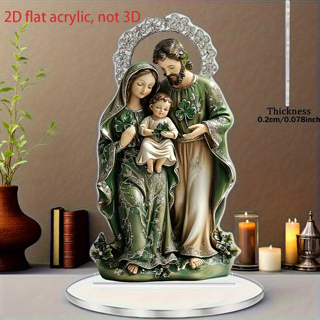 Holy Family Shamrock Acrylic Tabletop Ornament, 2D Flat Not 3D, Religious Devotional Desktop Decor for Prayer Altar Home