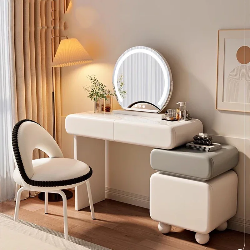 Table de maquillage en bois blanc, tabouret d'appartement pour filles, meubles de chambre à coucher esthétiques