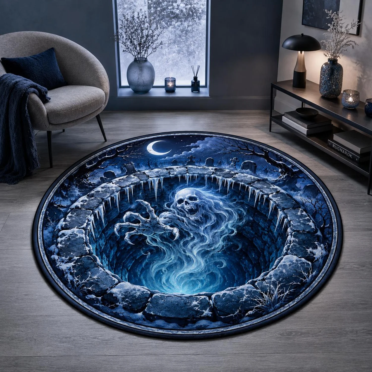 Cemetery Ghost Round Rug, Ice Blue Haunted Rug, Gothic Decoration