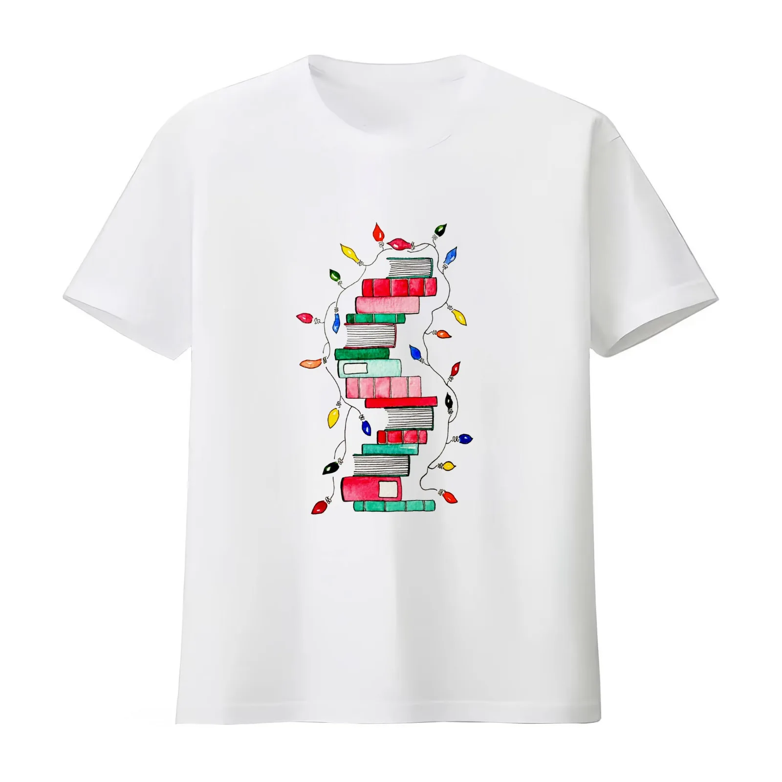 Festive Holiday Book Stack T-Shirt Summer Casual Cotton Tee Oversized Streetwear Tops Vintage Graphic Print Unisex Men Women
