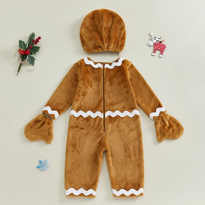 SUNSIOM 0-18 Months Baby Christmas Gingerbread Outfit Fleece Long Sleeve Jumpsuit Hat Gloves for Christmas Halloween Party