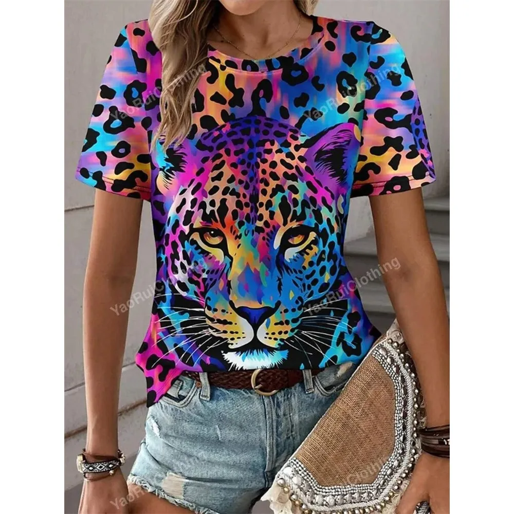 Colorful Leopard Print Women's T-shirt Urban Fashion Women's Leopard Print Short Sleeve Top Summer Everyday Casual O-neck Y2K