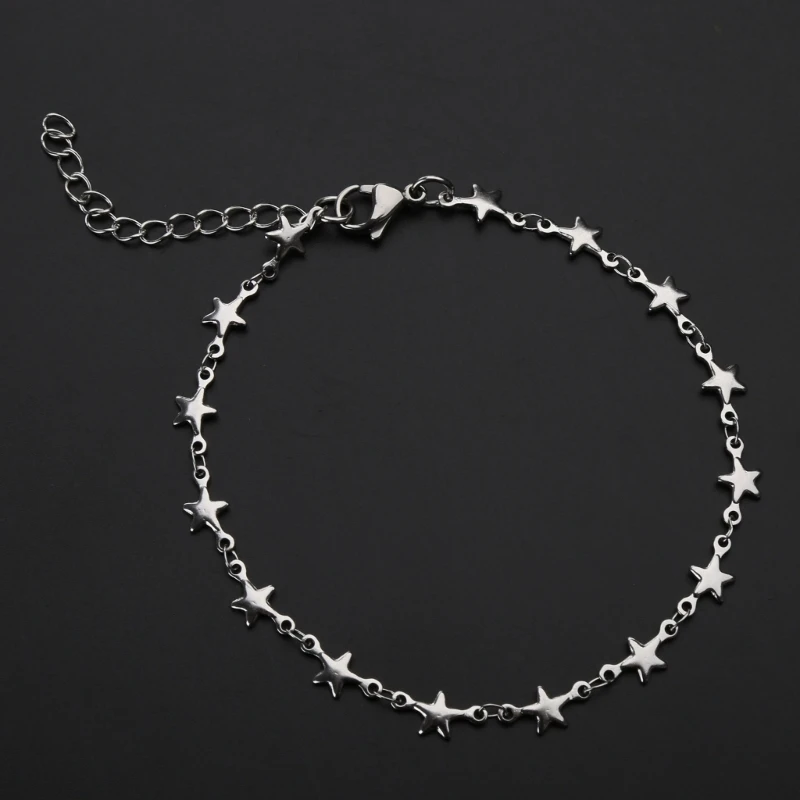 F42F Simple Five-pointed Star Bracelet Stainless Steel Couple Bracelets Fashion Jewelry Punk Star Link Bracelet for Women Men