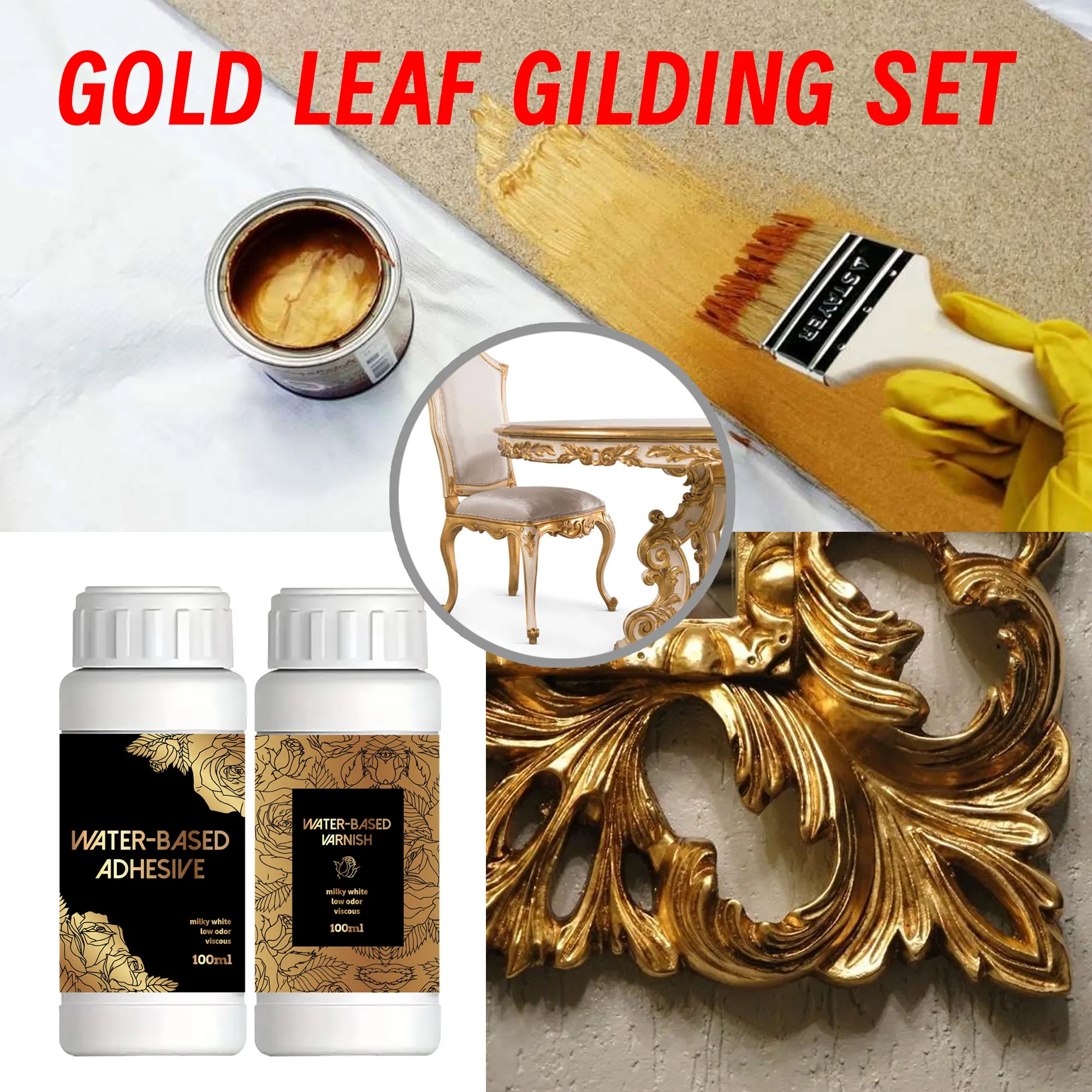 مجموعة لاصقة من الرقائق الذهبية 100 مل/200 مل - غراء معدني قائم على الماء مع فرشاة للحرف اليدوية والرسم والمشروعات الفنية