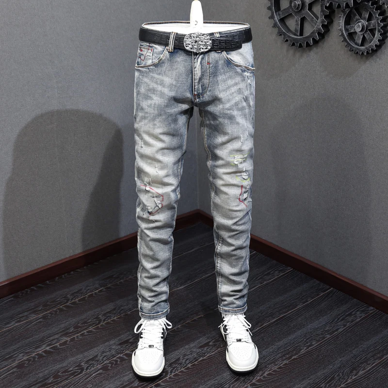 Street Fashion Heren Jeans Retro Gewassen Blauwe Stretch Slim Fit Gescheurde Jeans Heren Borduren Designer Vintage Denim Broek Hombre