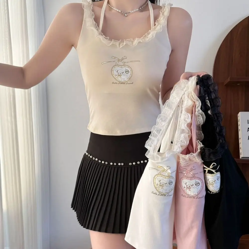 Camisola con cuello Halter de encaje falso de dos piezas, Top corto de encaje ajustado sin mangas con letras, chaleco, sujetador de verano con almohadillas, camisola junto al mar