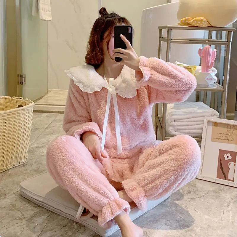 

Pajama Sets Lady Autumn Winter Thick Flannel Coral Velvet Sweet Cute Student Long Sleeve Plus Size Home Suit Women's Sleep