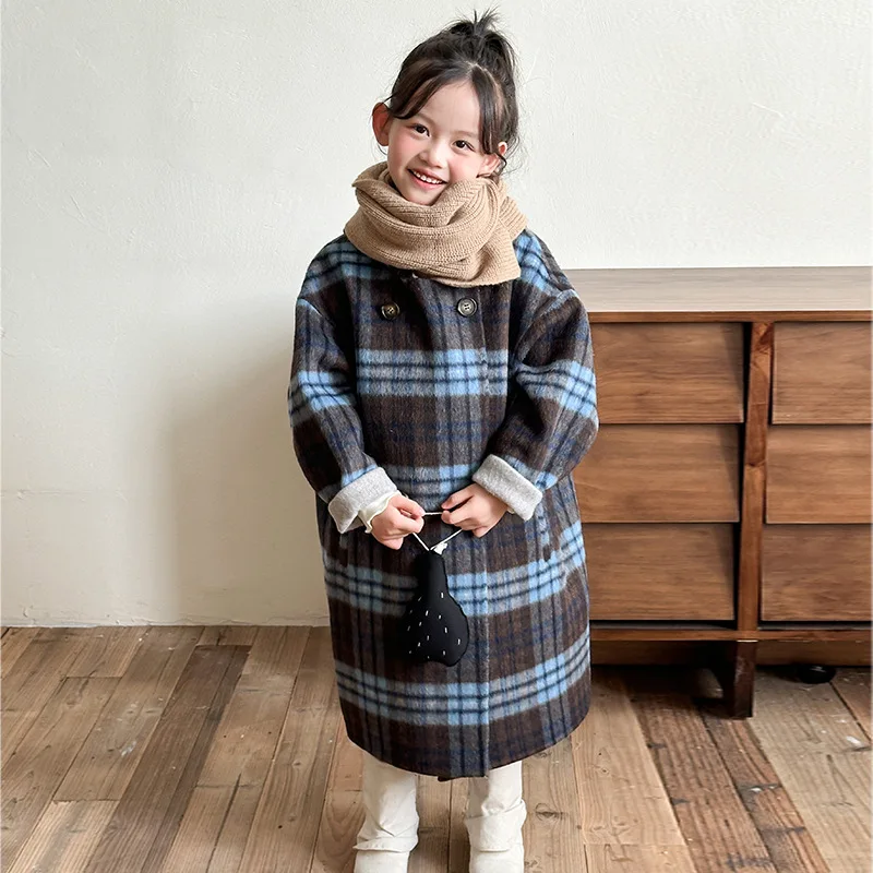 

Winter Girls Elegant Coats Plaid Round Collar Long Sleeve Boy Long Woolen Clothes Double Breasted Kids Jacket TR351