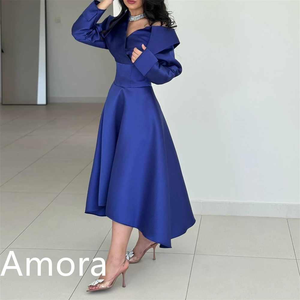 Индивидуальное темпераментное синее атласное вечернее платье Изысканное коктейльное платье без бретелек с открытыми плечами и длинными рукавами на молнии сзади