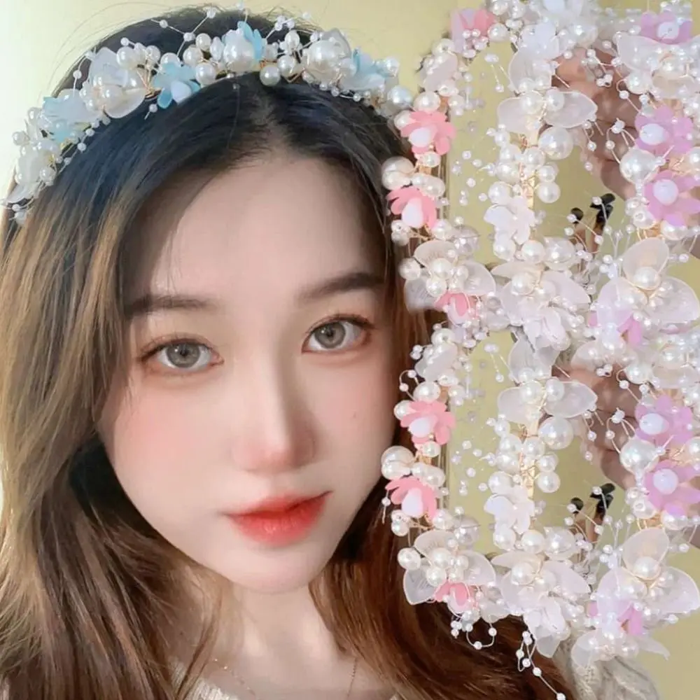 Fashion Simple Design Pearl Headband Korean Fashion Beaded Details Flower Garland Headband Sweet Style Bride Wedding Crown Women