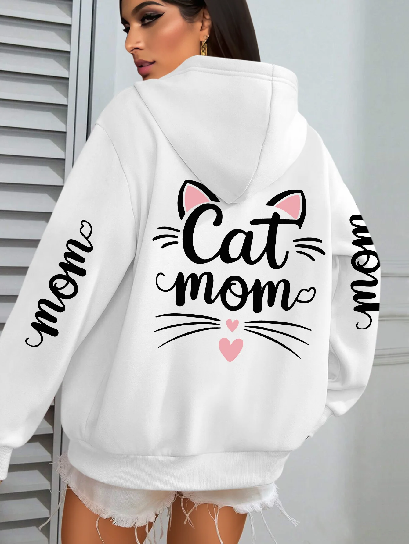

Fun Cat Mom Print Hoodies Women Cute Cat Ear Graphic & Lettering Design Sweatshirt Spring Autumn Cat Lover Gifts Hoodie