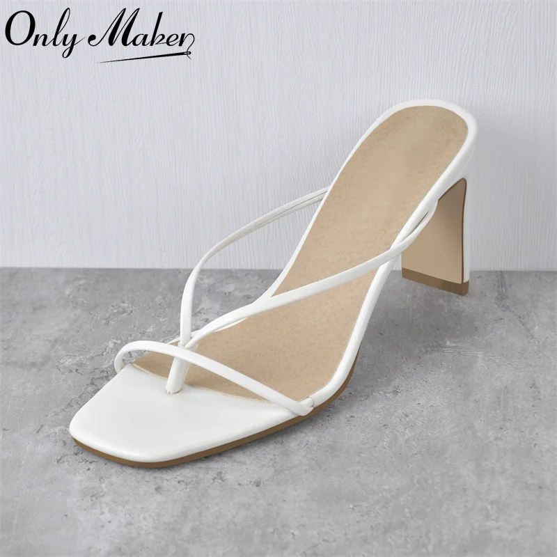 Onlymaker Women Sandals Square Toe White Matte Chunky High Heels Big Size Slip On Sandals