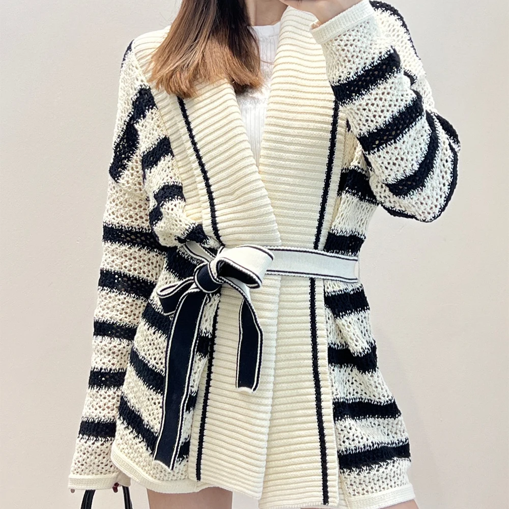 Black White Striped Knitted Cardigan #ms0688