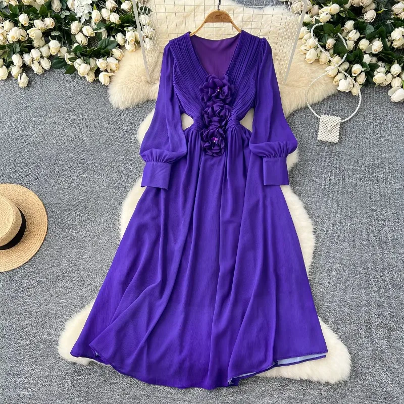 

Vintage V-neck Basics Long Lantern Sleeve Elegant Three-dimensional Floral Slim Dress French Fashion High Street Autumn Clothing