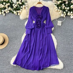 Vintage V-neck Basics Long Lantern Sleeve Elegant Three-dimensional Floral Slim Dress French Fashion High Street Autumn Clothing