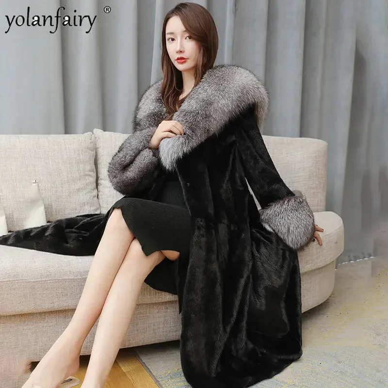 

Whole Mink Fur Coat Women's Midi Long Coats Female Oversized Fox Fur Collar Pure Fur Jacket 202s Winter Luxury Clothes for Woman