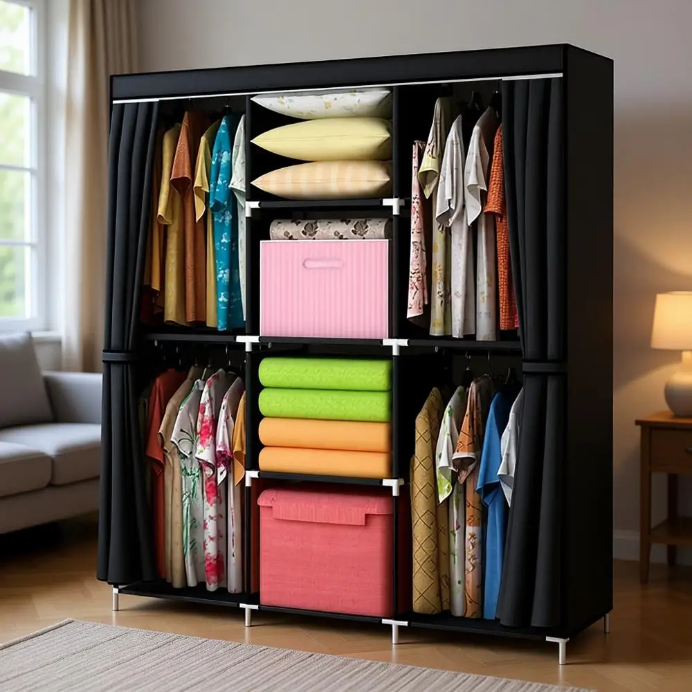 

50 Inch Wardrobe with Non-Woven Fabric Cover, 4 Hang Rods, 4 Shelves, Brown, Easy Assembly