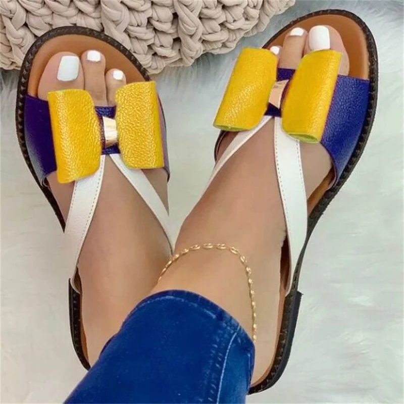 Women Shoes 2023 Summer Women Fashion Flat Color Blocking Bowknot Large Size Sandals Slippers PU Beach Outdoor Slides