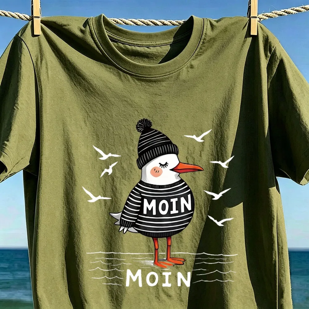 Moin Knitted Seagull Cartoon Cotton Women T-shirt Nordic Coastal Kawaii Bird Graphic Short Sleeve Tops North German Vacation Tee