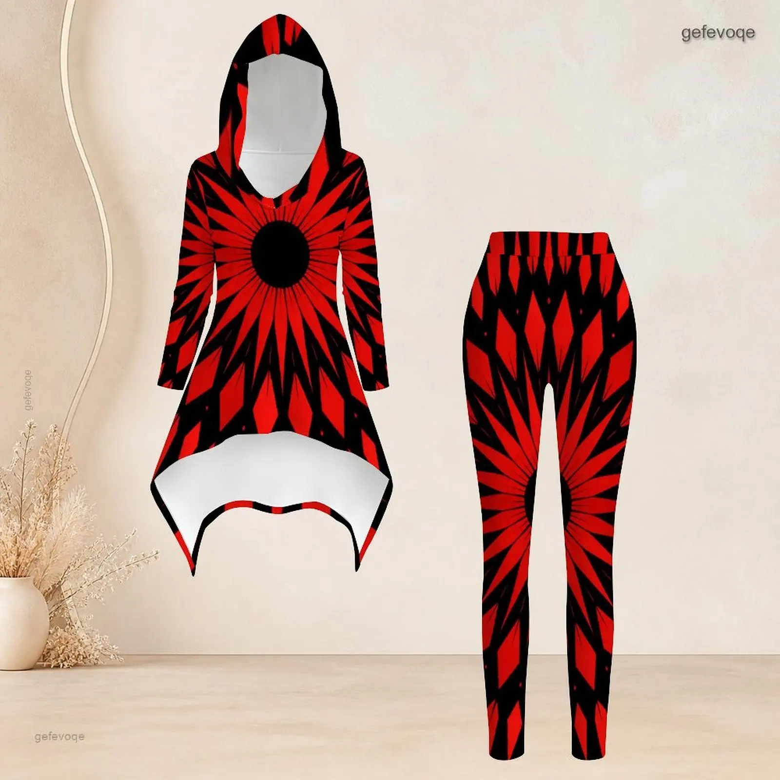 Women Abstract Botanical Print Hooded Long Sleeve High Low Top and Fitted Leggings Two Piece Set
