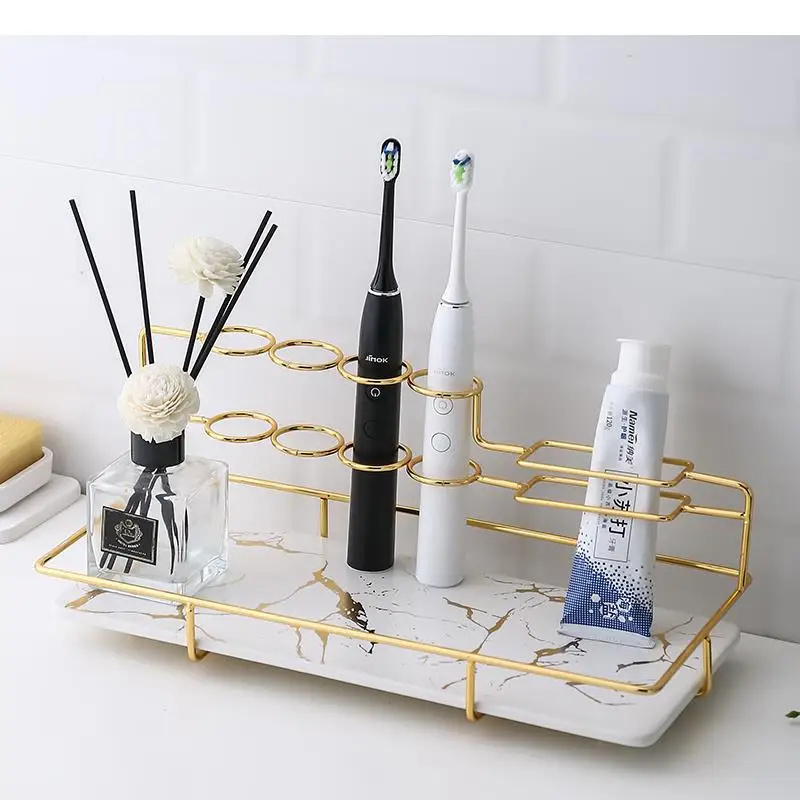 

Marbling Rectangular Metal Rack Bathroom Electric Toothbrush Holder Shelf Desktop Cosmetic Storage Organizer Home Tray